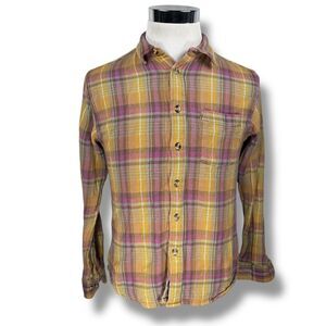 Corridor NYC Flannel Shirt Men’s Small Golden Yellow Pink Plaid Cotton Button Up
